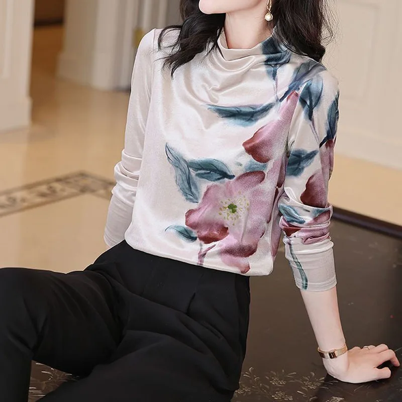 Half Height Collar Tie Dyed Flower Pattern Printing Autumn Winter Golden Velvet Long Sleeve Glossy Materials Women T-Shirts 4XL