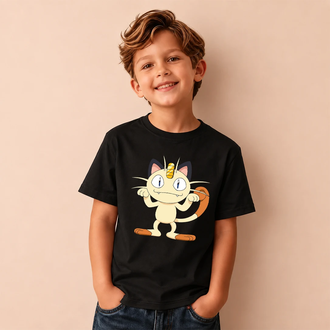 Kids T-shirt Pokemon Meowth Print Short Sleeve Tee Boys Girls Casual Tops Birthday Gift