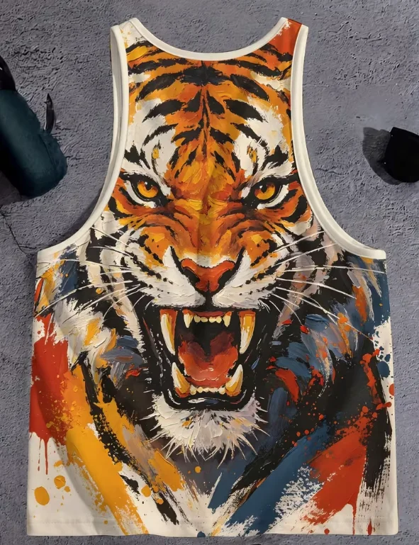 2026 New Men's Vest Tiger Fierce Sleeveless Gym Fitness T-shirt Summer Casual Streetwear Muscle Adult Loose Vest