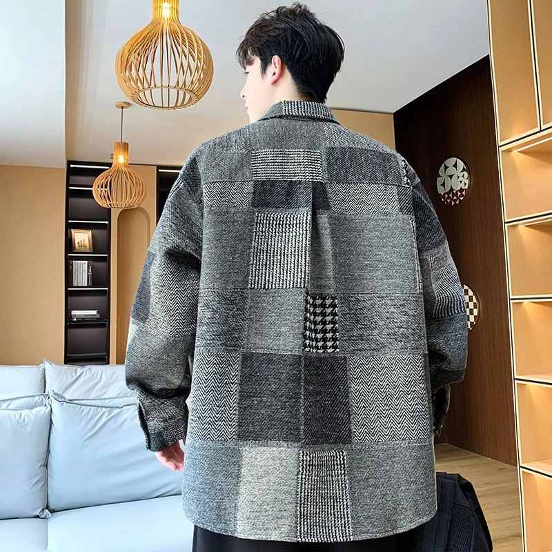 Men's Autumn Spring Top Coat Shirt Plaid Retro Simple Comfortable Loose Casual Design Fashion Advanced Niche Versatile Skinny