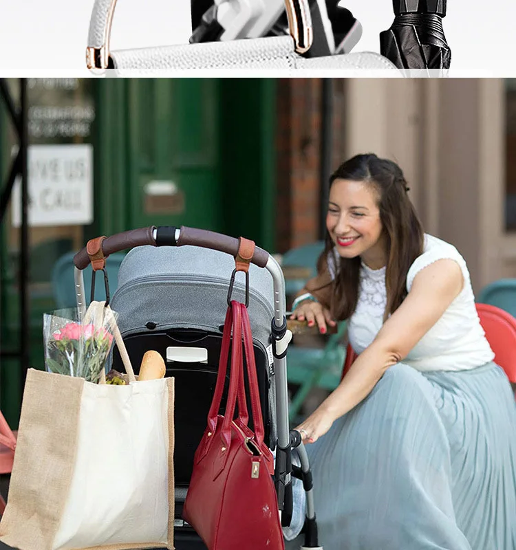 1/2 Stück Kinderwagen-Haken – PU-Leder-Organizer für Wickeltaschen und Reisezubehör mit Karabinerhaken – Detail 2