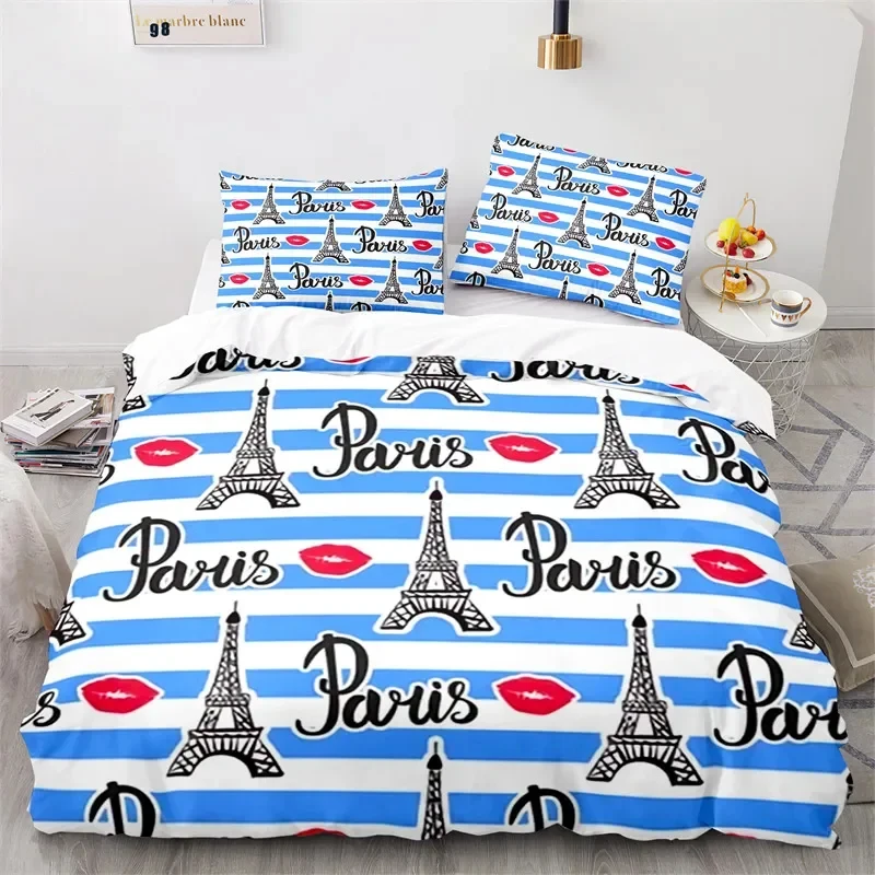 Eiffelturm-Bettbezug, Twin Queen, romantisch, Paris, Trösterbezug, 3-teilig, sexy rote Lippen, Kussmarkierungen, Bettwäsche-Set für Mädchen und Erwachsene