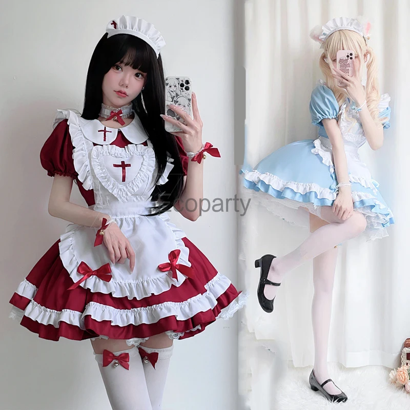 Women Cute Maid Cosplay Costume Cross Gothic Maid Lolita Dress Lovely Anime Black Waitress Uniform Girl Halloween Party Outfits