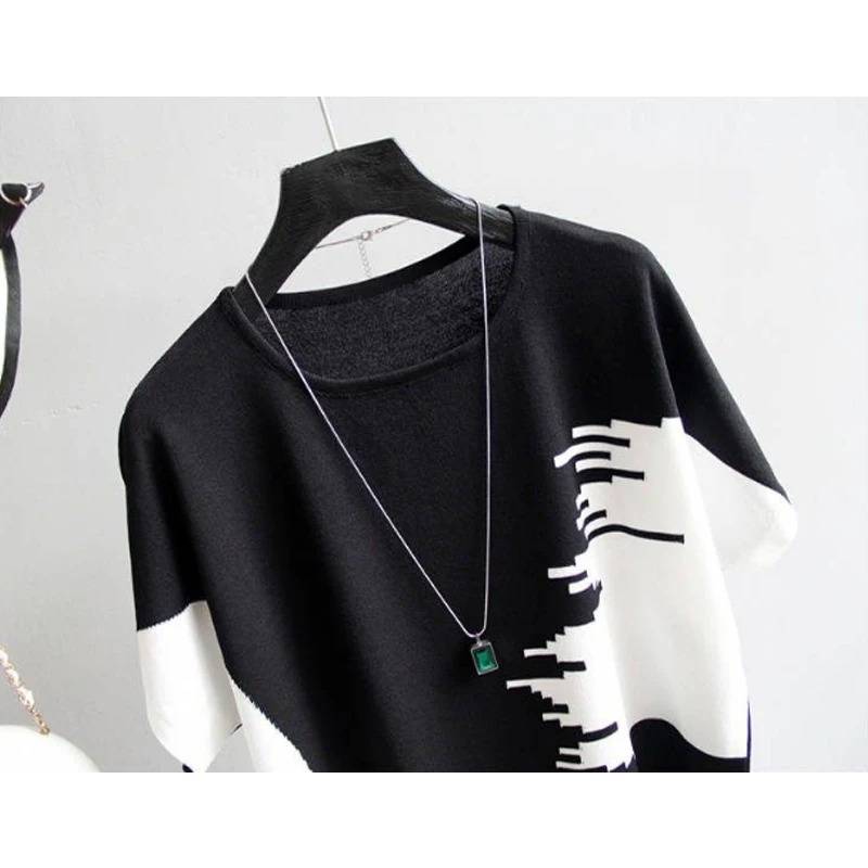 Women's Clothing Simple Patchwork Elegant Ice Silk Knit T Shirt Summer Trendy Casual Loose Round Neck Short Sleeve Pullover Tops