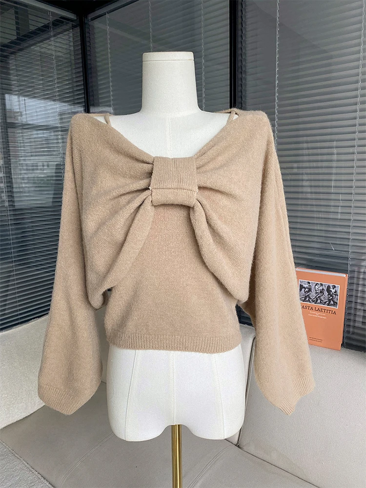 Autumn Winter Knitted Jumper Sweet Bow Gyaru Simple V-Neck Knitwear Sweater Simple Casual Thick Warm Solid Oversized Pullover