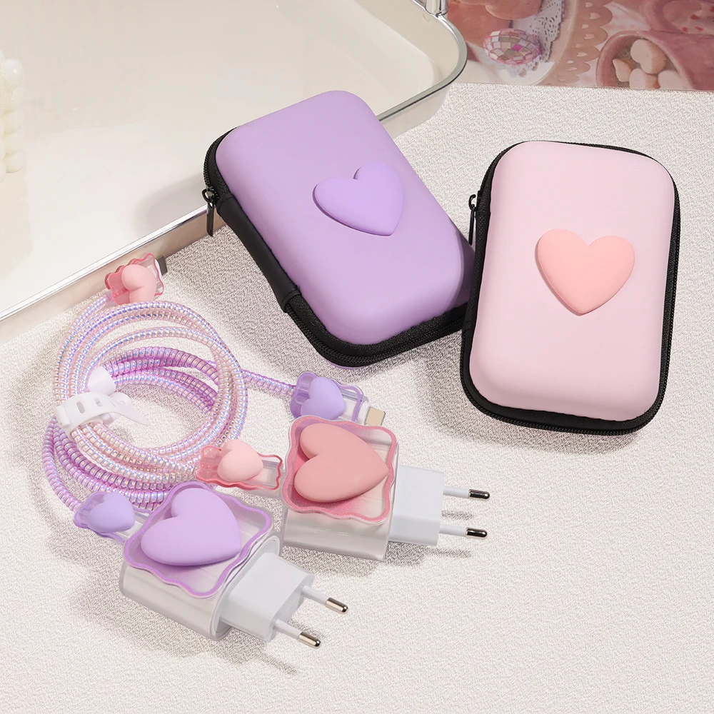 3D Love Heart Data Cable Protective Cover For iPhone 11 15 16 Pro Max 14 13 12 18W 20W Charger Cases Wire Winder Cable Organizer
