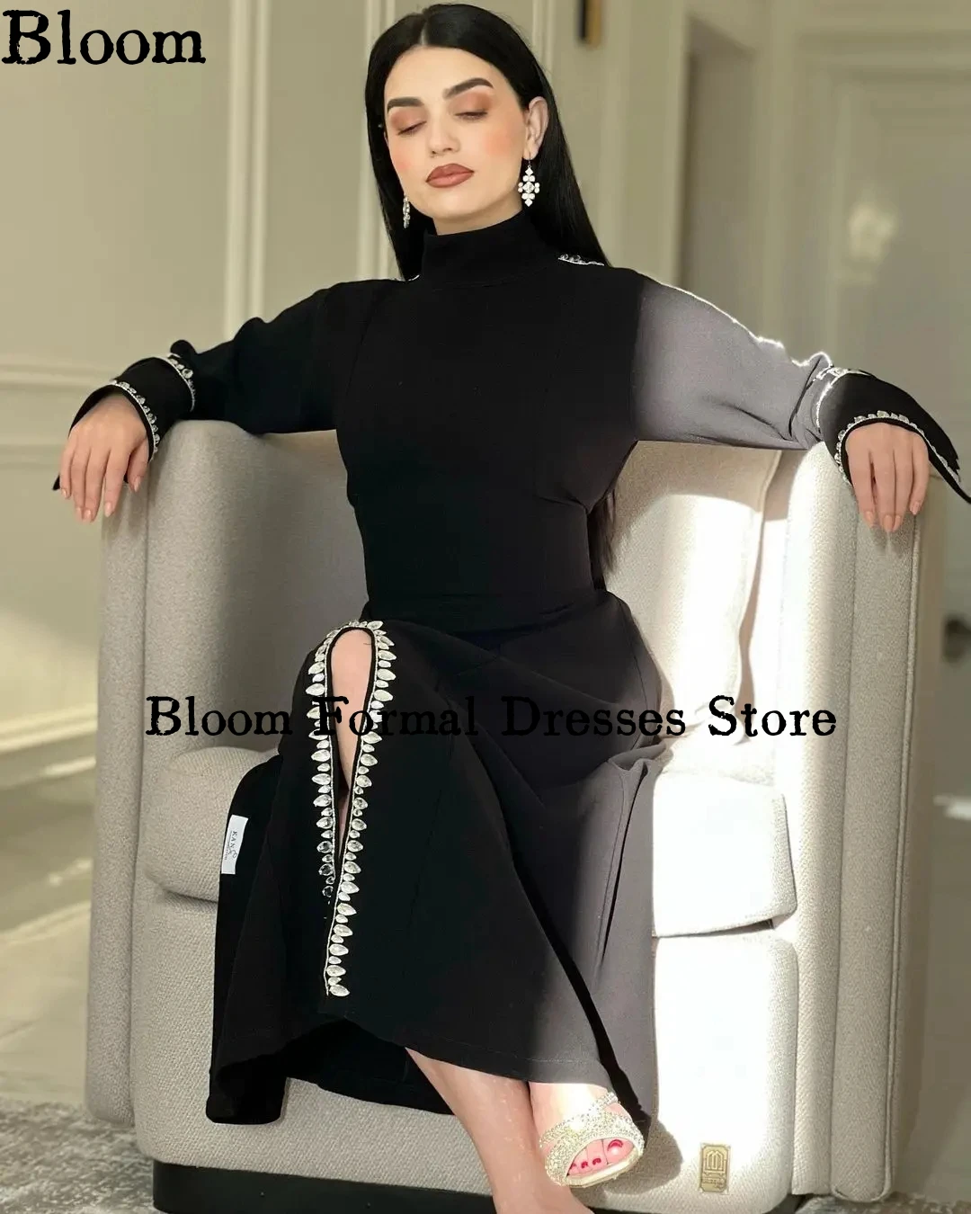 Bloom High Neck schwarze Abendkleider für Prom Hand beads lange Ärmel Seite geteilt formelle Kleid Feier Hochzeits feier Kleid