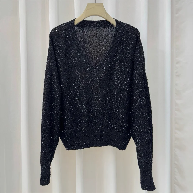 

Женский свитер Весна 2026: Новинка, эластичный, облегающий, с длинным рукавом, с пайетками, V-образный вырез, пуловер в стиле Y2K, повседневный женский топ