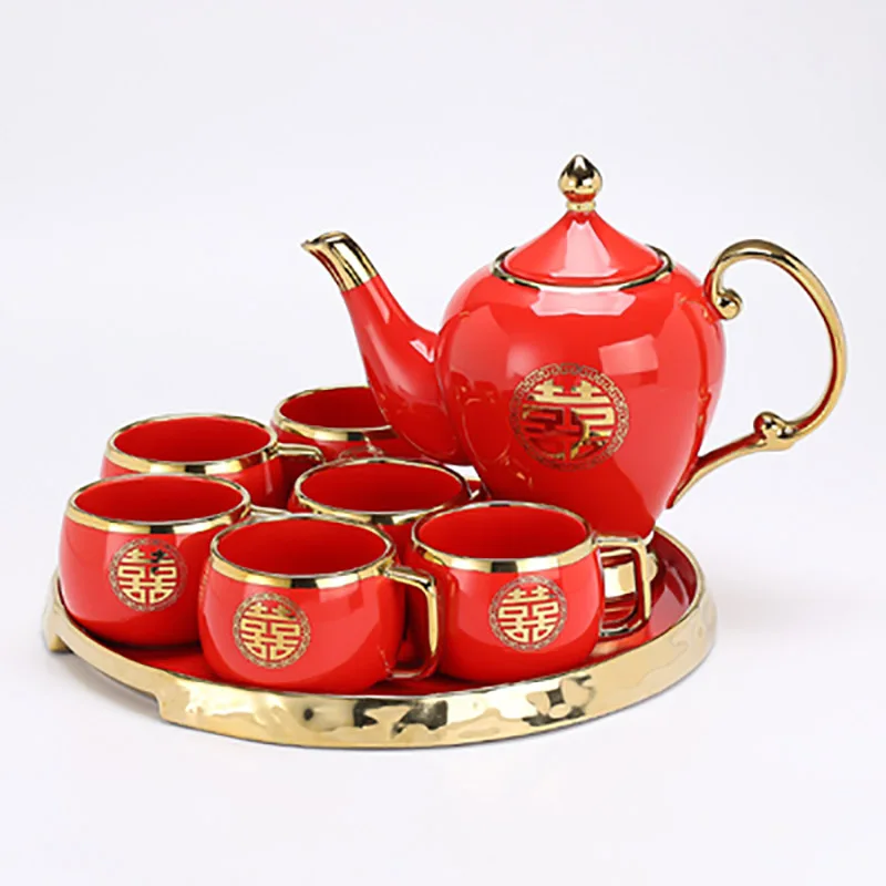 Chinese Red Ceramic Tea Set Teapot Porcelain Kettle Teaware With Handle Newlywed Banquet Party Supplies