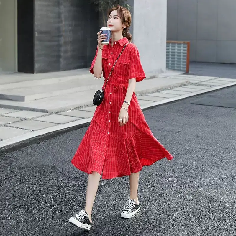 Mode Revers Knopf Taschen Bandage Plaid Hemd Kleid weibliche Kleidung Sommer neue lose koreanische Meerjungfrau Freizeit kleider