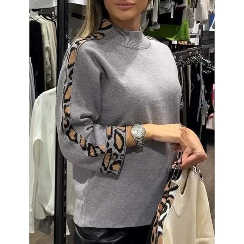 Suéter empalmado con estampado de leopardo para mujer, suéter informal de manga larga con cuello medio alto para otoño e invierno, 2024