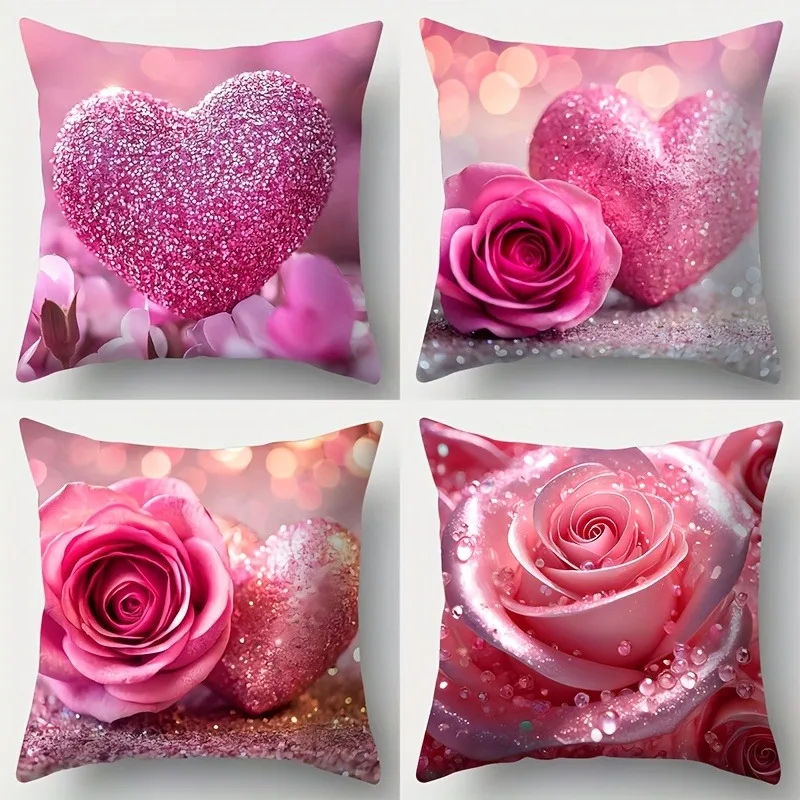 

Floral pillowcase with sparkling hearts and pink rosesBedroom Sofa Decorative Cushion Cover With Zipper Soft Cushion Cover