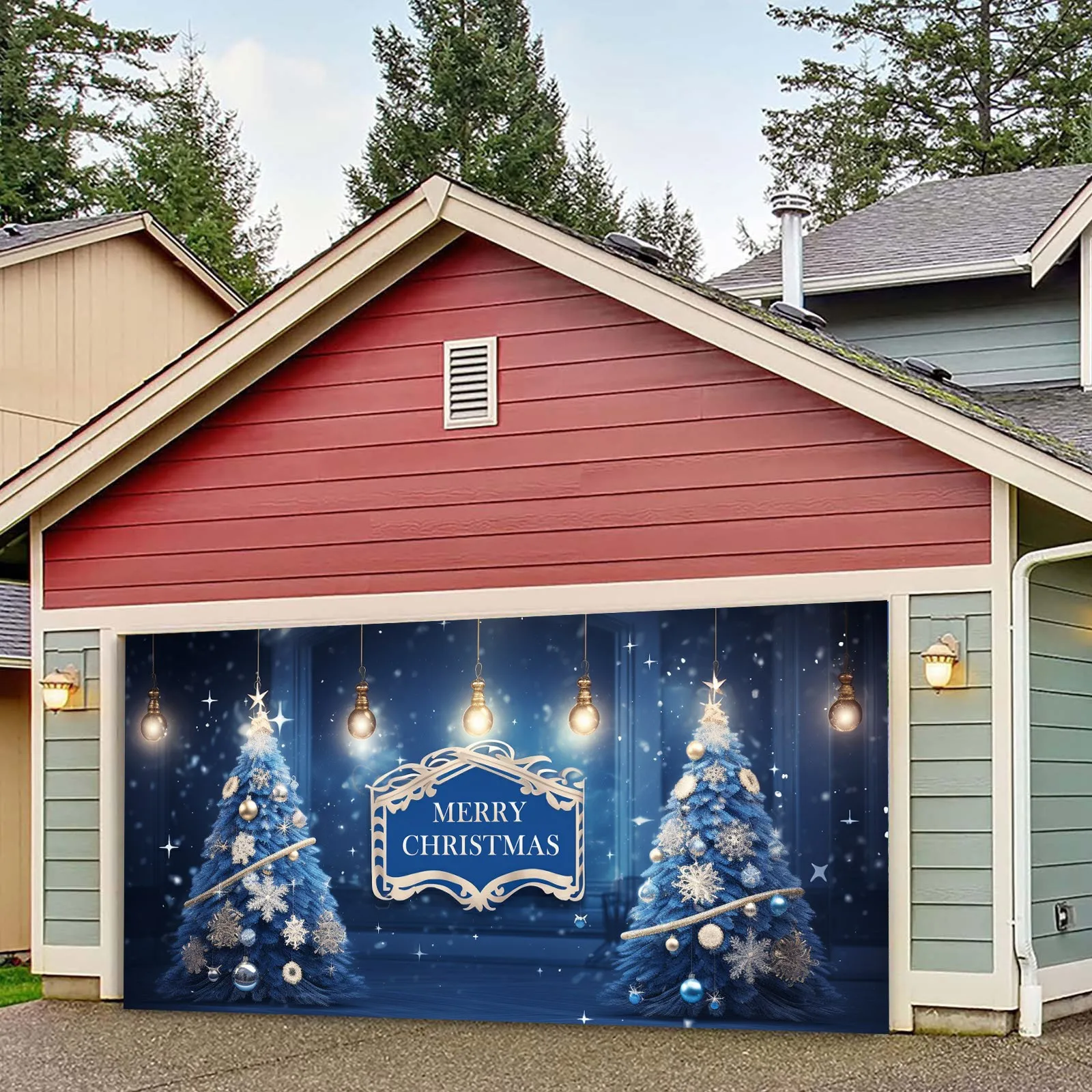 Christmas Blue Garage Door Decoration Christmas Garage Door Flag Banner Mural Cover Large Merry Christmas Tree Sign 2024