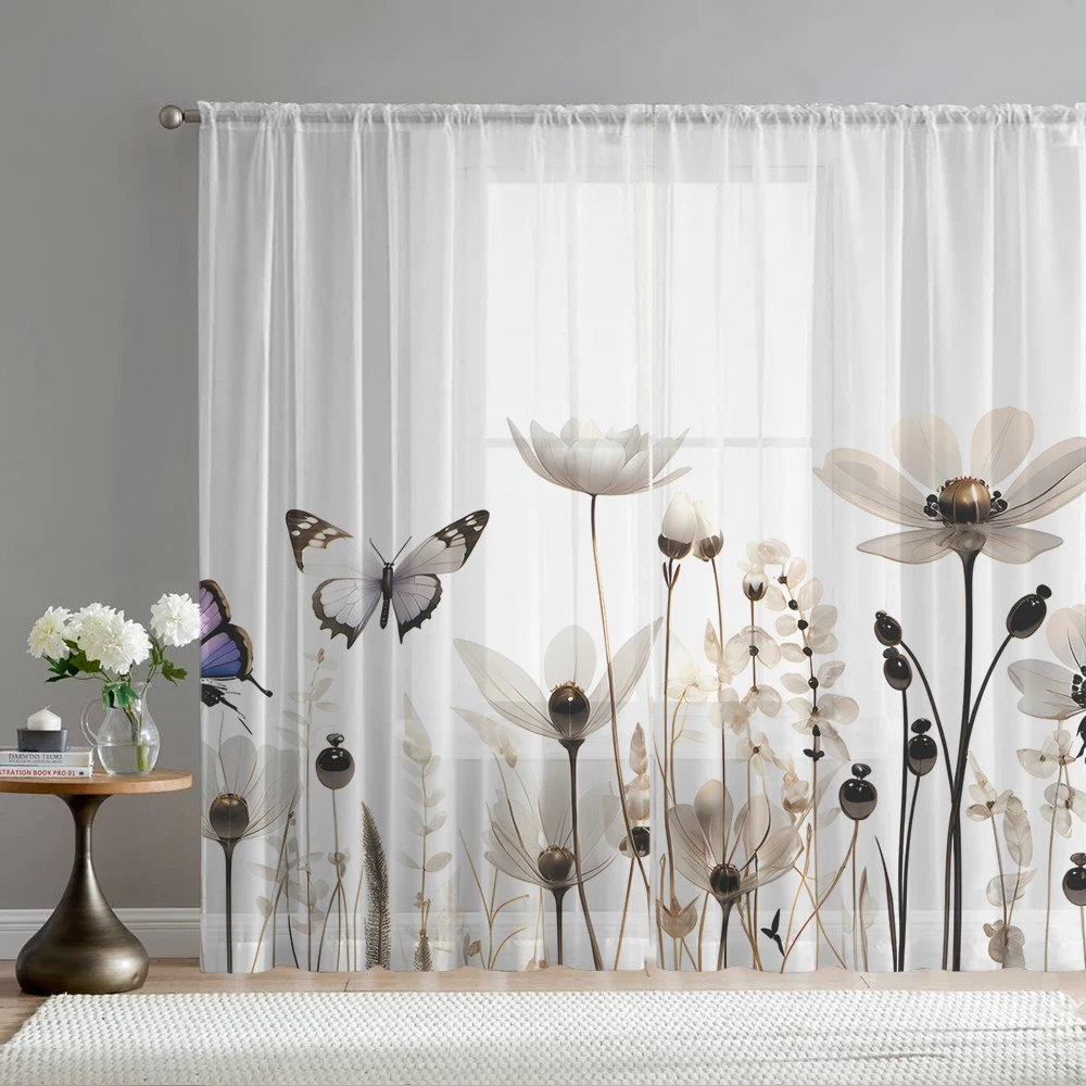 2PCS Home decoration khaki floral printed window screens with pole bags, suitable for kitchens, cafes, and living rooms
