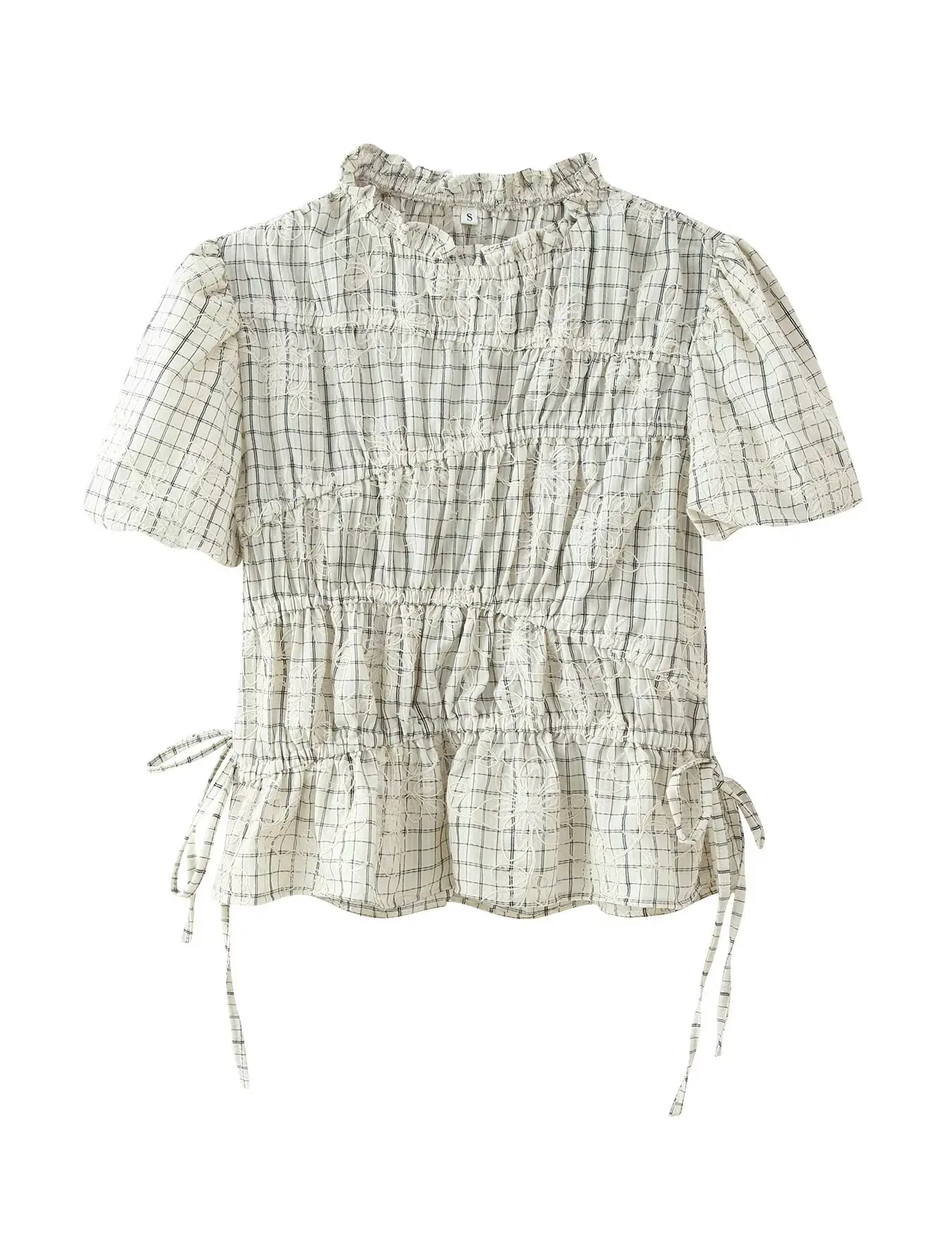 

Women Plaid Embroidered Ruffle Blouse Puff Sleeve Drawstring Peplum Top Vintage Short Sleeve Shirt