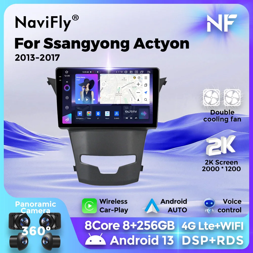 Navifly MTK6762 car multimedia player 2 Din stereo autoradio For SsangYong Korando 3 Actyon 2 2013 - 2017 wireless CarPlay+Auto