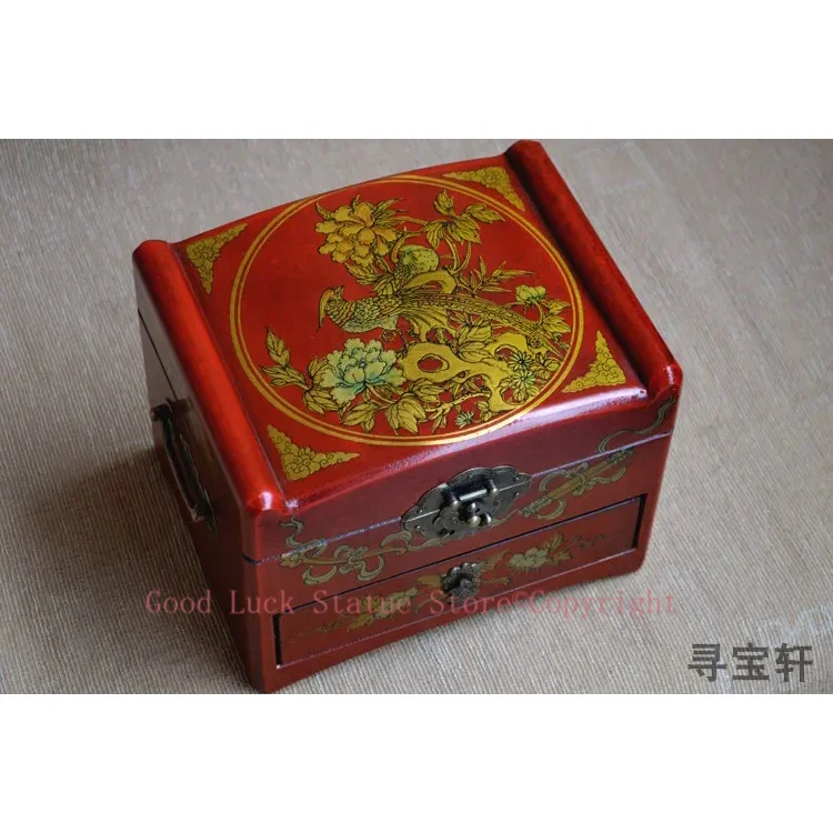 HOT SALE present-TOP COOL -Handmade retro antique China royal propitious red wood Jewel Jewelry Box cosmetic mirror box