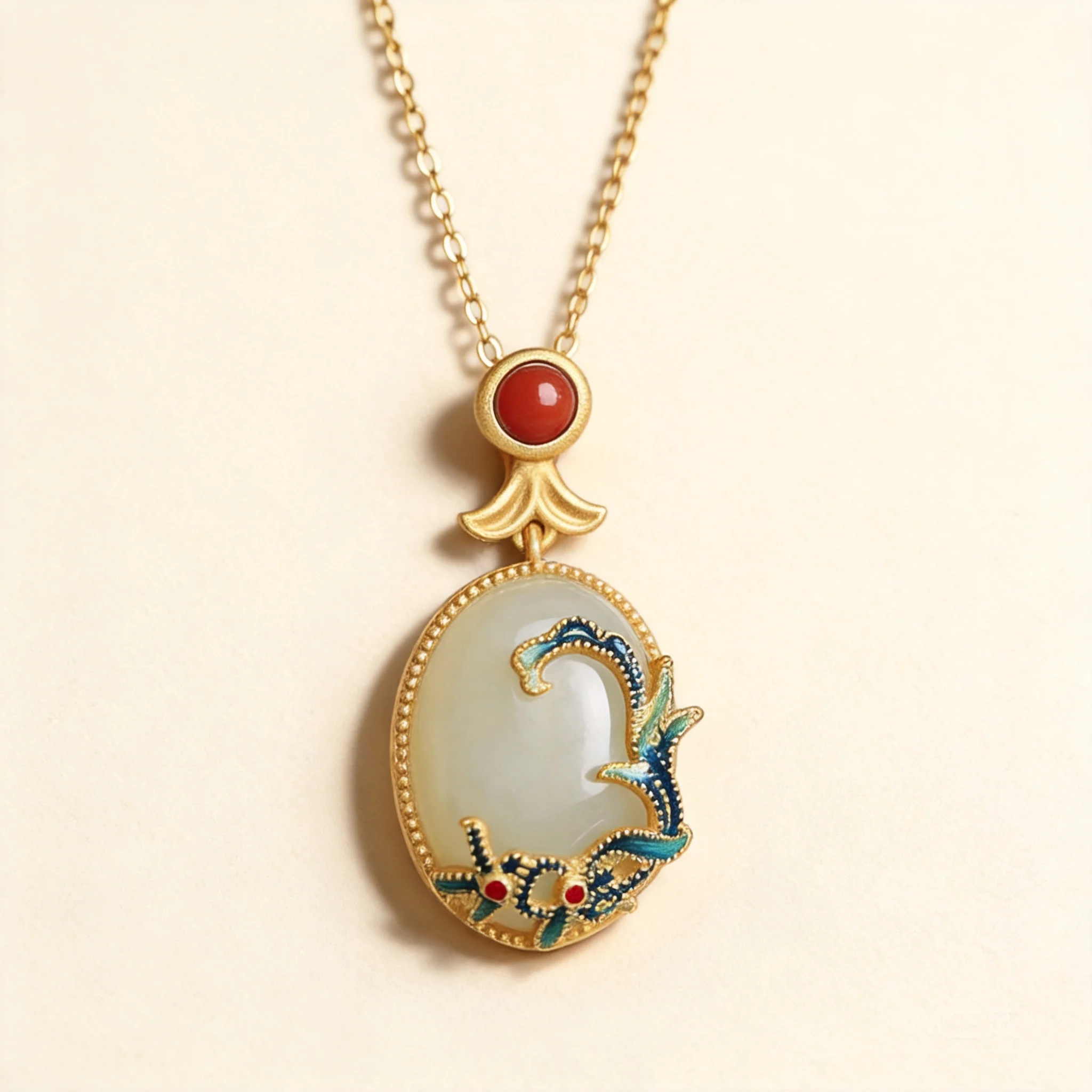 

Chinese Style Lucky Blessing Wealth Hetian Jade Pendant Necklace 925 Sterling Silver Gold Plated Enamel Orchid Clavicle Chain