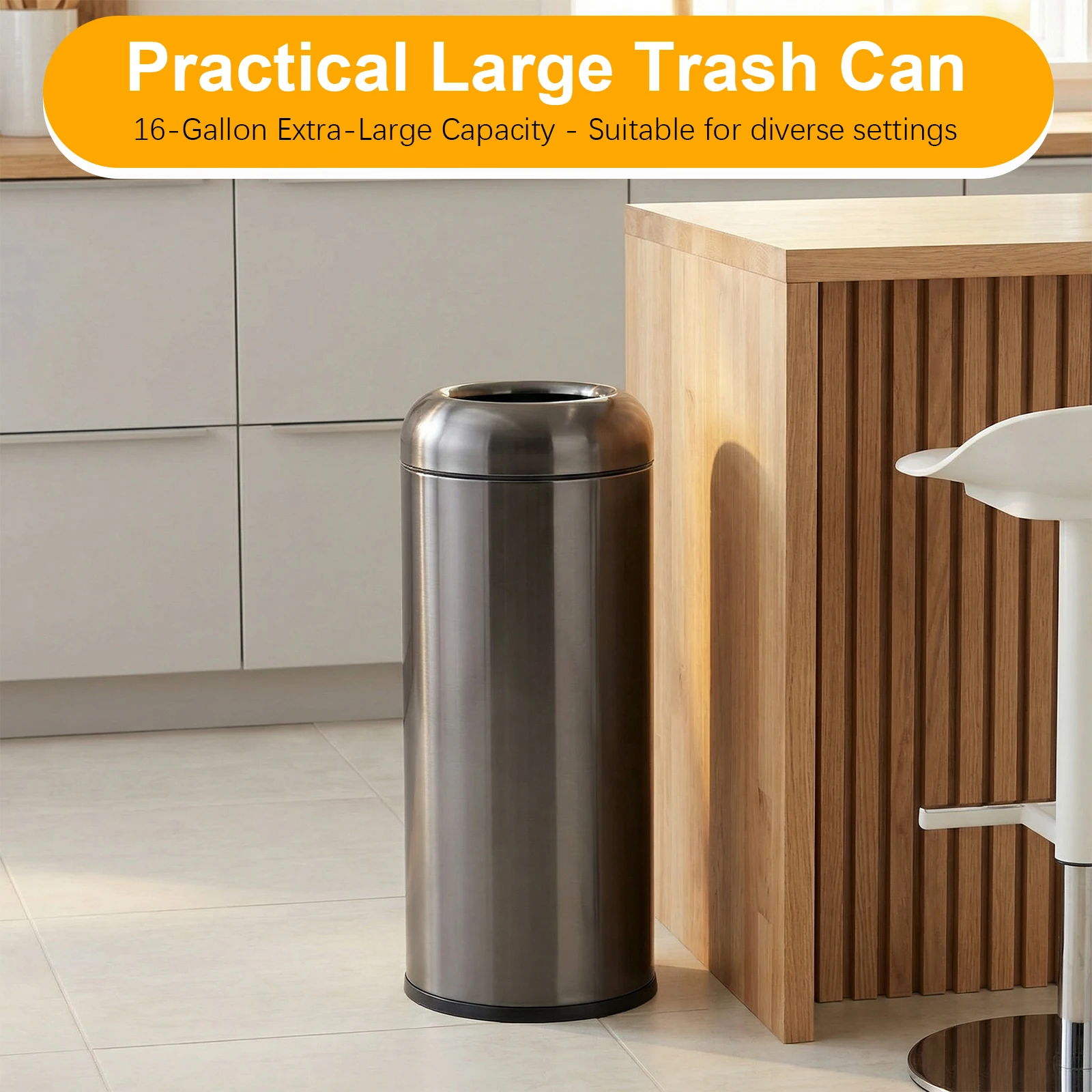 

16 Gallon Commercial Big Garbage Bin with Detachable Lid Modern Garbage Can Wear Resist Open Commercial Trash Can for Indoor Use