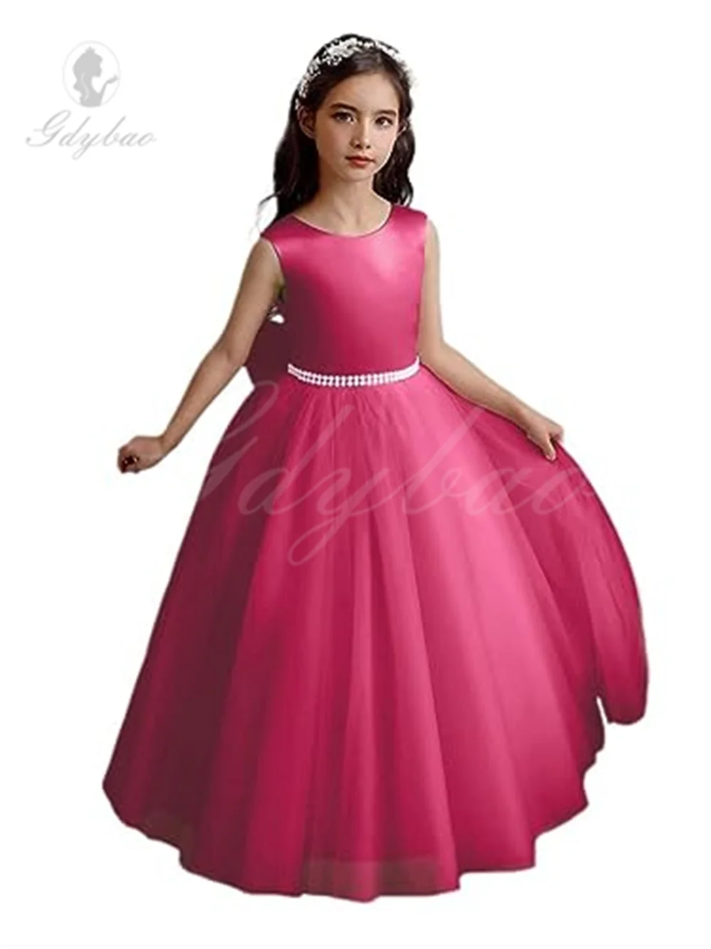 Vestido de tule com flor de tule para meninas, vestido de baile com pérolas, vestido de cetim princesa para aniversário infantil