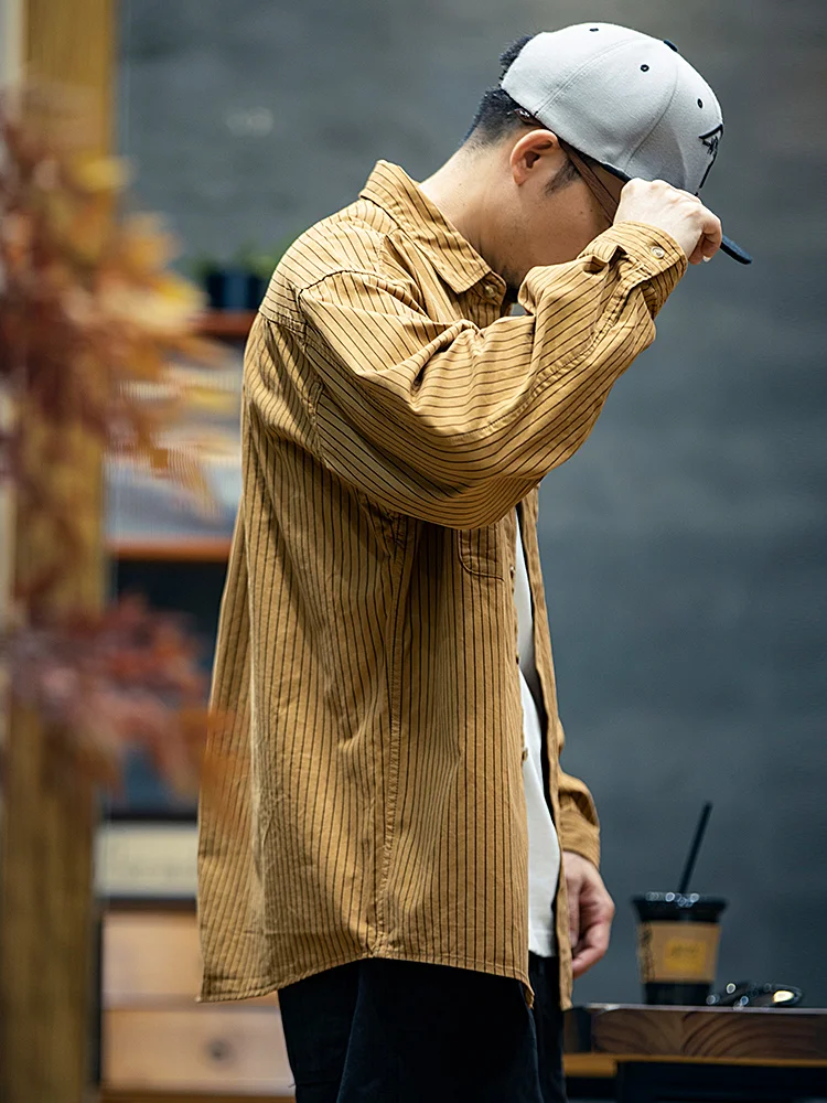American Style Men's Long Sleeve Cotton Shirt Loose Fit Autumn Casual Outerwear Trendy Striped Pattern Breathable Moisture Wi...