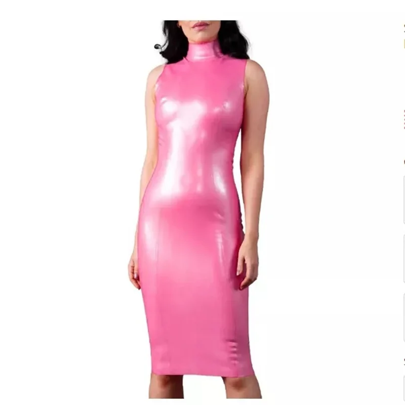 

Sexy Pink Sleeveless Latex Long Dresses Knee Length Skin Tight with Back Zipper Slit At Bottom for Women