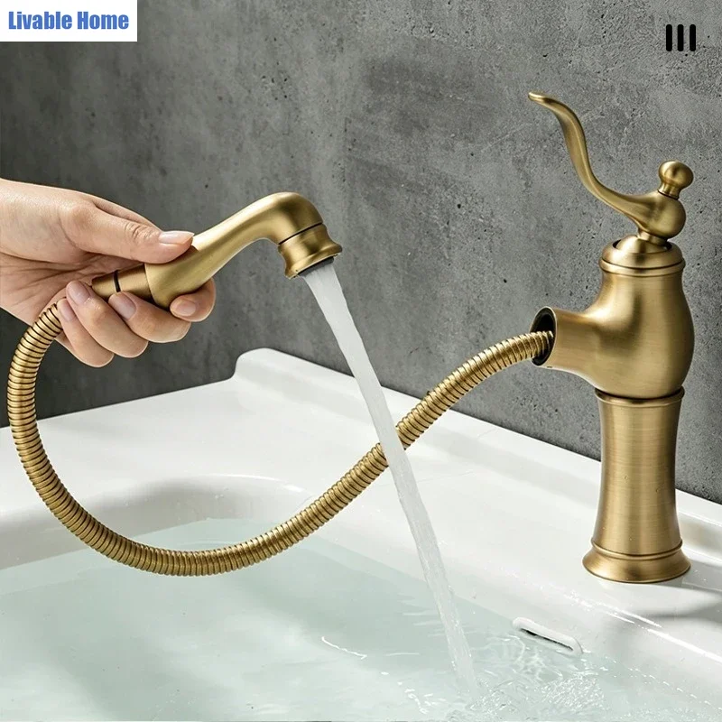 Vintage Brass Pull-Out Faucet for Home Bathrooms Under Counter Sink Hot and Cold Water Faucet with Splash Guard