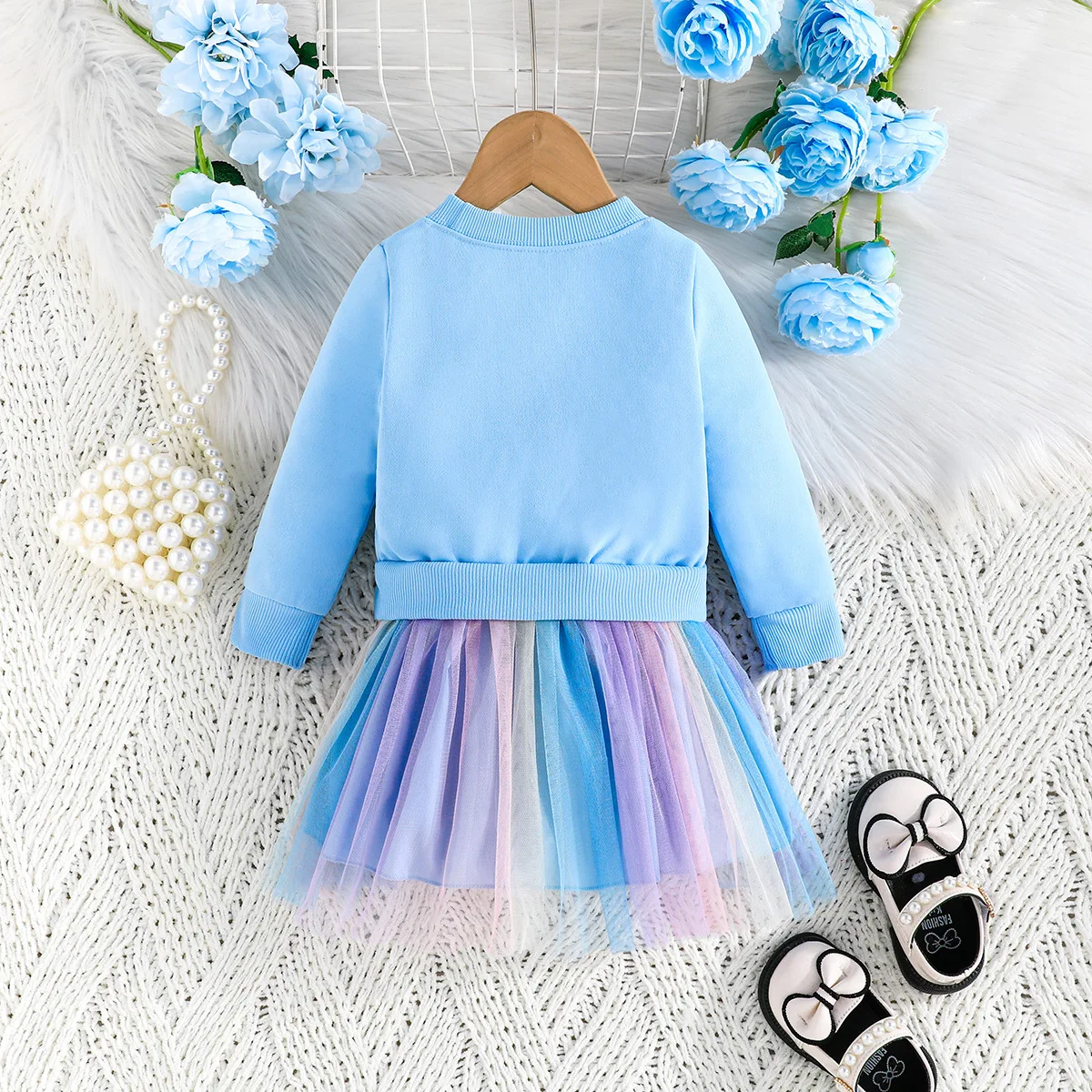 Winter 2024 Girls Dress Girls Long Sleeve O Neck Flowers Mesh Blue Skirts Cute Preepy Look Birthday Party Dresses Vestidos 6M-3T