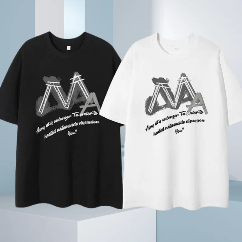 

2025 New European and American Short-sleeved T-shirt Women's Summer Retro Couple Casual Loose Pure Cotton Printing