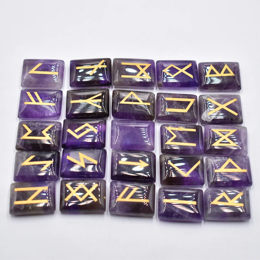 

Wholesale 25pcs/lot Natural stone Amethyst Viking Runes Amulet Set Reiki Healing Crystals Divination Tumbled rectangle Stones