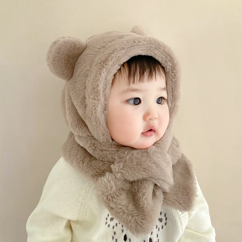 New One Piece Baby Hat Solid color Warm Ear Hat Thick Plush Toddler Accessories 6-24 Months