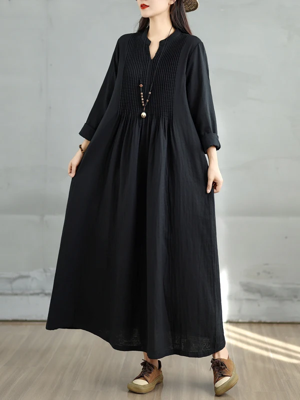 Vestido longo artístico retrô de manga crida para mulheres, outono, cintura alta, saia em linha A, dupla camada de gaze, c...