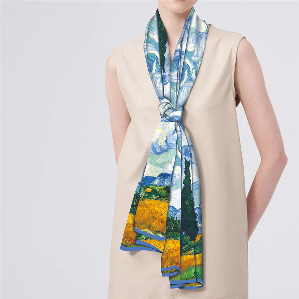 

Spring Long Double Layer Oil Painting Wheat Field And Cypress Women's Decorative Silk Scarf Long Scarf Versatile Fashionable