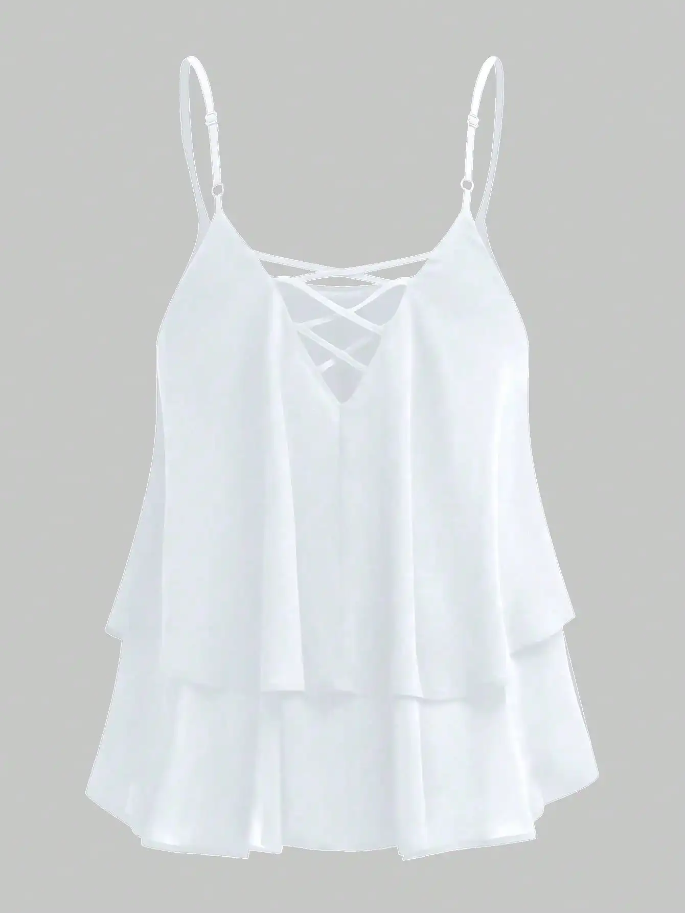 Ärmelloses Chiffon-Camisole-Top für Damen – Doppellagiger Rüschensaum, elegante weiße Sommerbluse für Freizeit- und Partykleidung – Detail 3