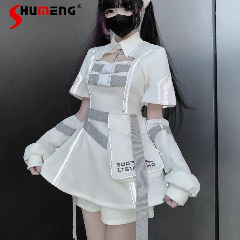 

Japanese Original Design Punk Style Reflective Top Hoodies And Shorts Two Pieces Set Functional Cool Otaku Cute Unisex 2D Outfit