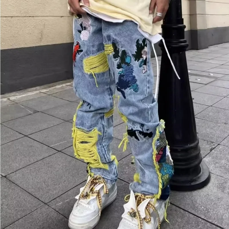 American Vintage Hip-hop Embroidery Dilapidated Jeans Fashion Y2k High Street Japanese Streetwear Men Pants Trend Men Clothing