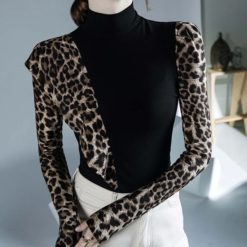 

Leopard Printing Patchwork Y2K Bottoming Shirt Spring Autumn New Long Sleeve Slim Elegant Tops Vintage Fashion Women Clothing