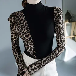 Leopard Printing Patchwork Y2K Bottoming Shirt Spring Autumn New Long Sleeve Slim Elegant Tops Vintage Fashion Women Clothing