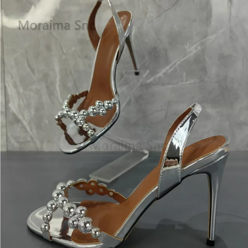 

Beads Silver High Heels Sandals for Women Summer Sexy Open Toe Slingback Stiletto Shoes Concise Wedding Office Lady Shoes