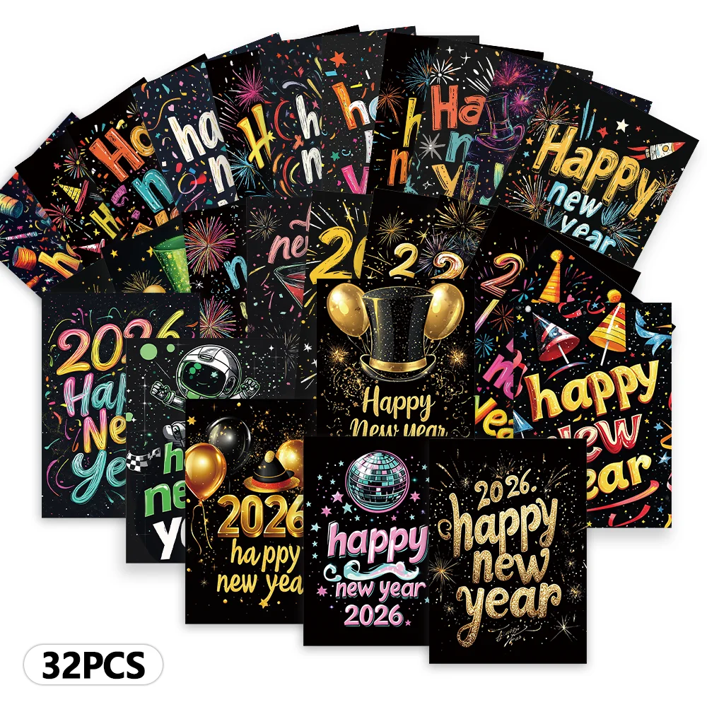 32 Stück Neujahrsgrußkarten, Postkarten, Wohnzimmerdekorationen, Schlafzimmerdekoration, dicker Karton, hochauflösender Druck