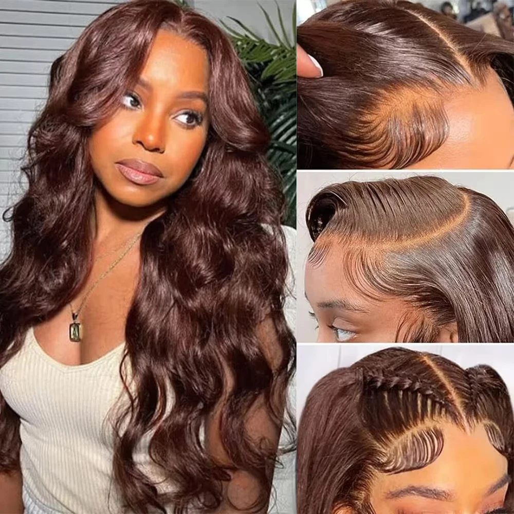 Perruque Lace Closure Wig Body Wave Naturelle, Cheveux Humains, Brun Ombré Chocolat, 13x4, 13x6, à Reflets, pour Femme