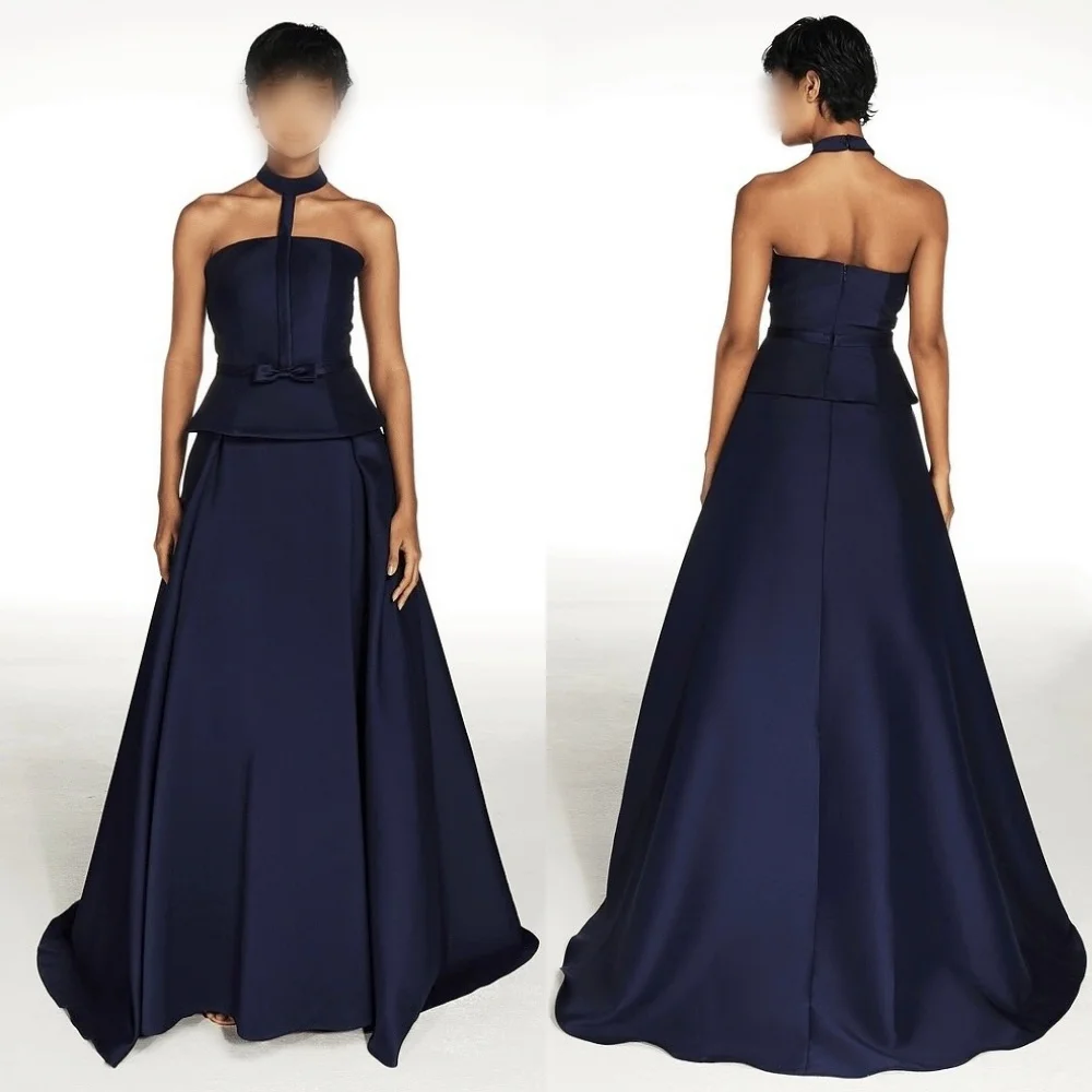 

Customized Charmeuse Bow Halter A-line Long Dresses Bespoke Occasion Homecoming Exquisite Party Gown High Quality