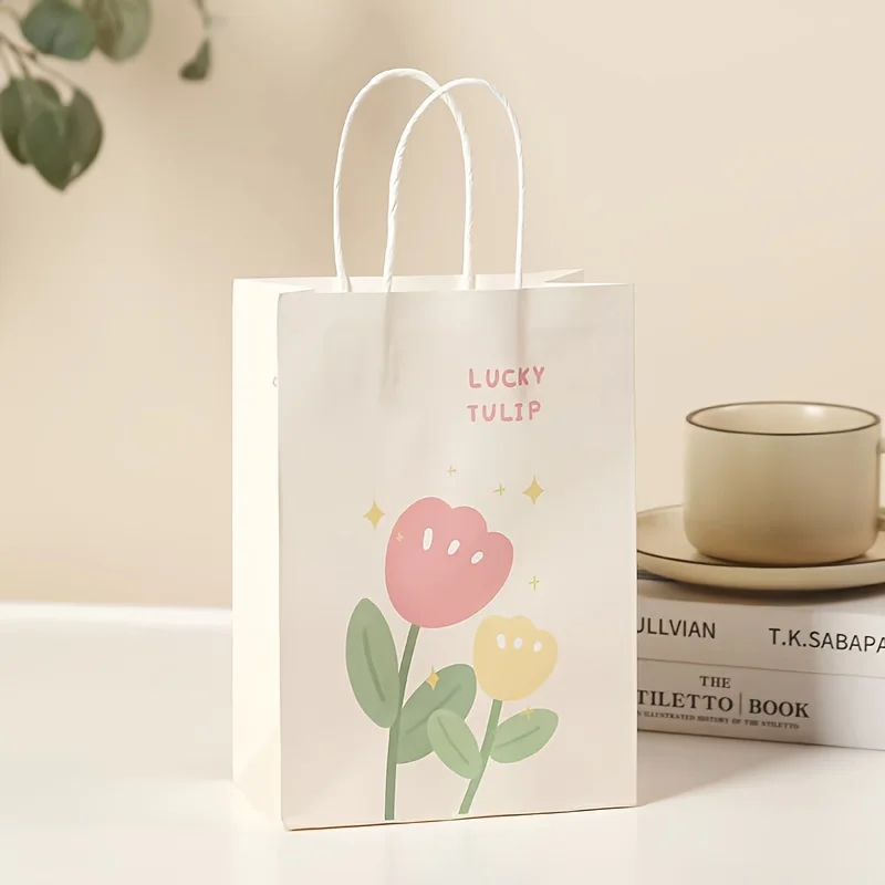 50 Stück individuelle Glücks-Tulpen-Papiertüten, niedliche Blumenmuster-Handtasche, Geschenktüte zum Einkaufen, Party, schnelle Lieferung