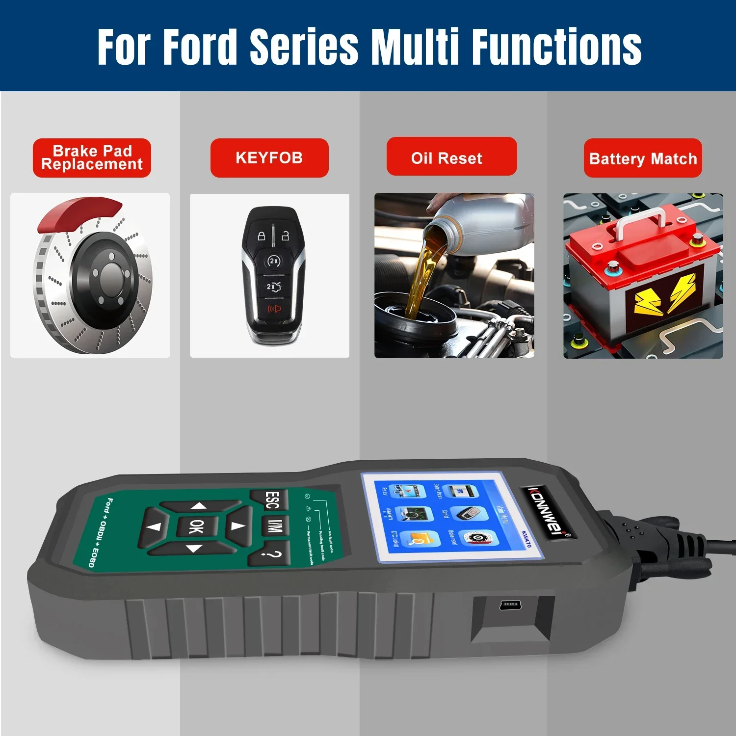 Professional OBD2 Scanner Konnwei KW470 Full OBD2 Functions ABS SRS Scan Tool with Active Test 3 Service Oil/SAS/BMS Reset Tool