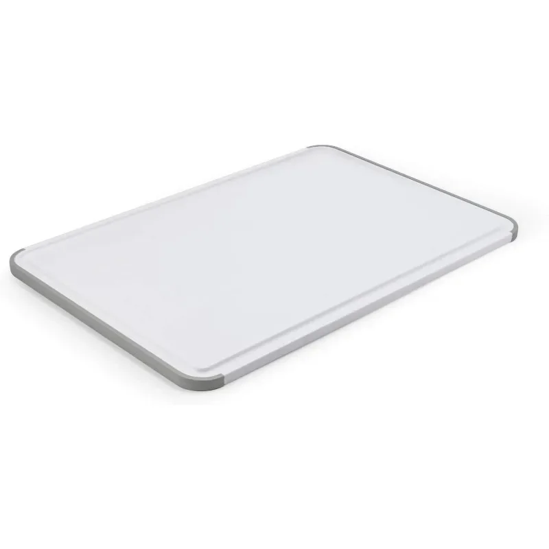 

Classic Plastic Cutting Board with Perimeter Trench and Non Slip Edges, Dishwasher Safe, 12 inch x 18 inch, White and Gray