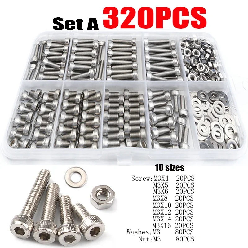 320pcs M3 304 Stainless steel hexagon socket head cap screw nut gasket Round Head Screw Bolt Nut Set Assortment Kit Box