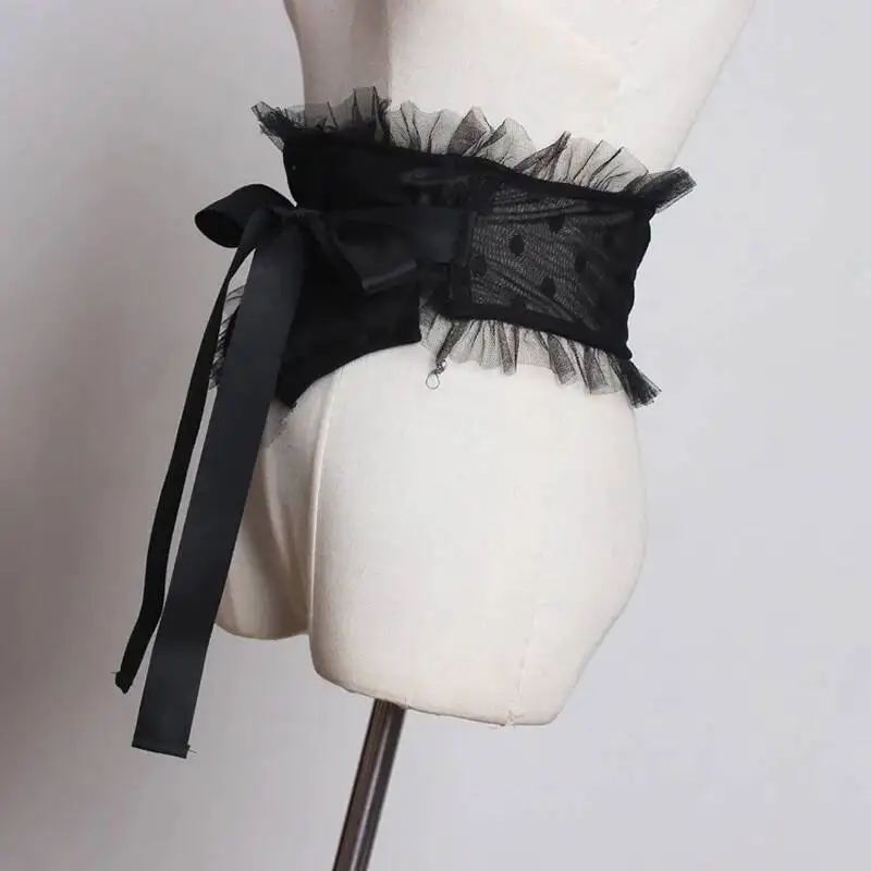 Black Dot Mesh Ruffles Bandage Irregular Wide Belt Personality Women New Fashion All-match Spring Autumn 2026 WOPQ