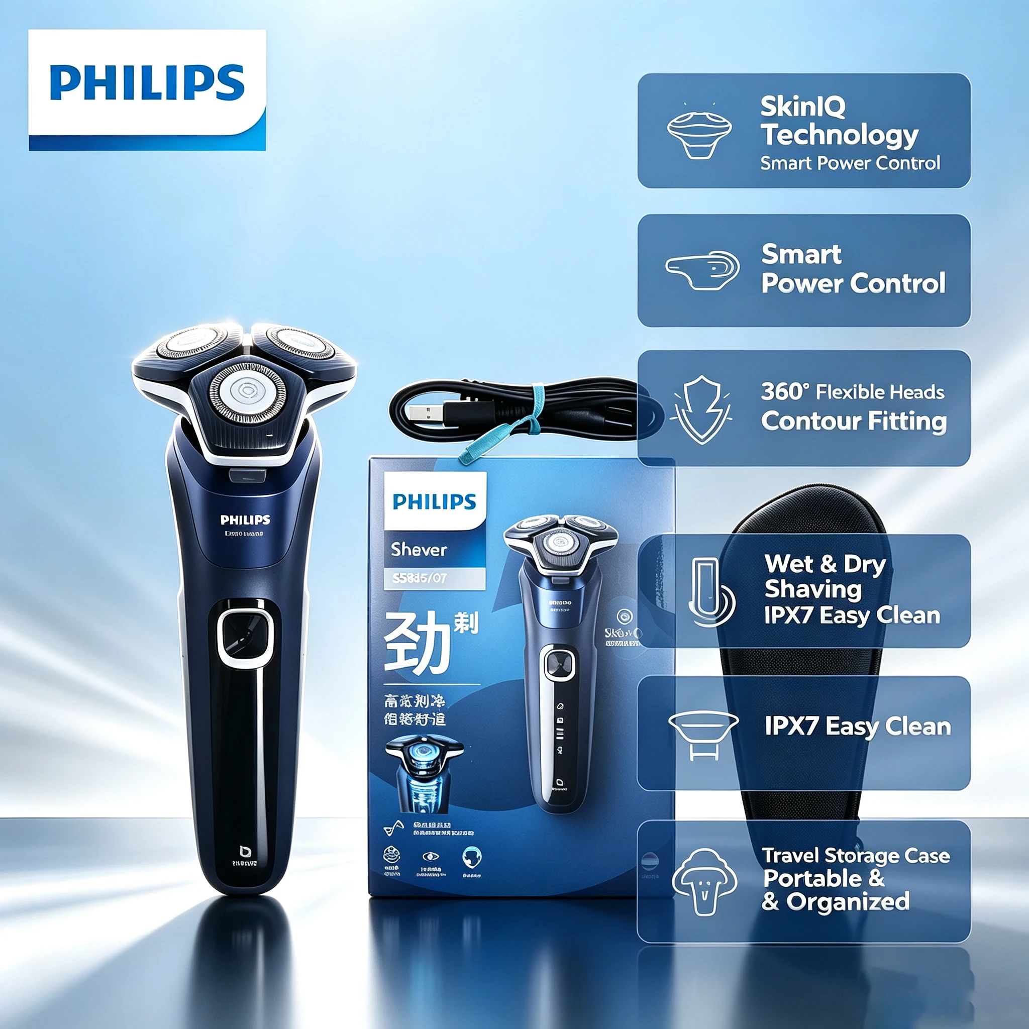 Philips S5835 Honeycomb Series 5 Men Electric Shaver SkinIQ Tech Wet Dry Shaver USB Charging 60min Runtime with Travel Case
