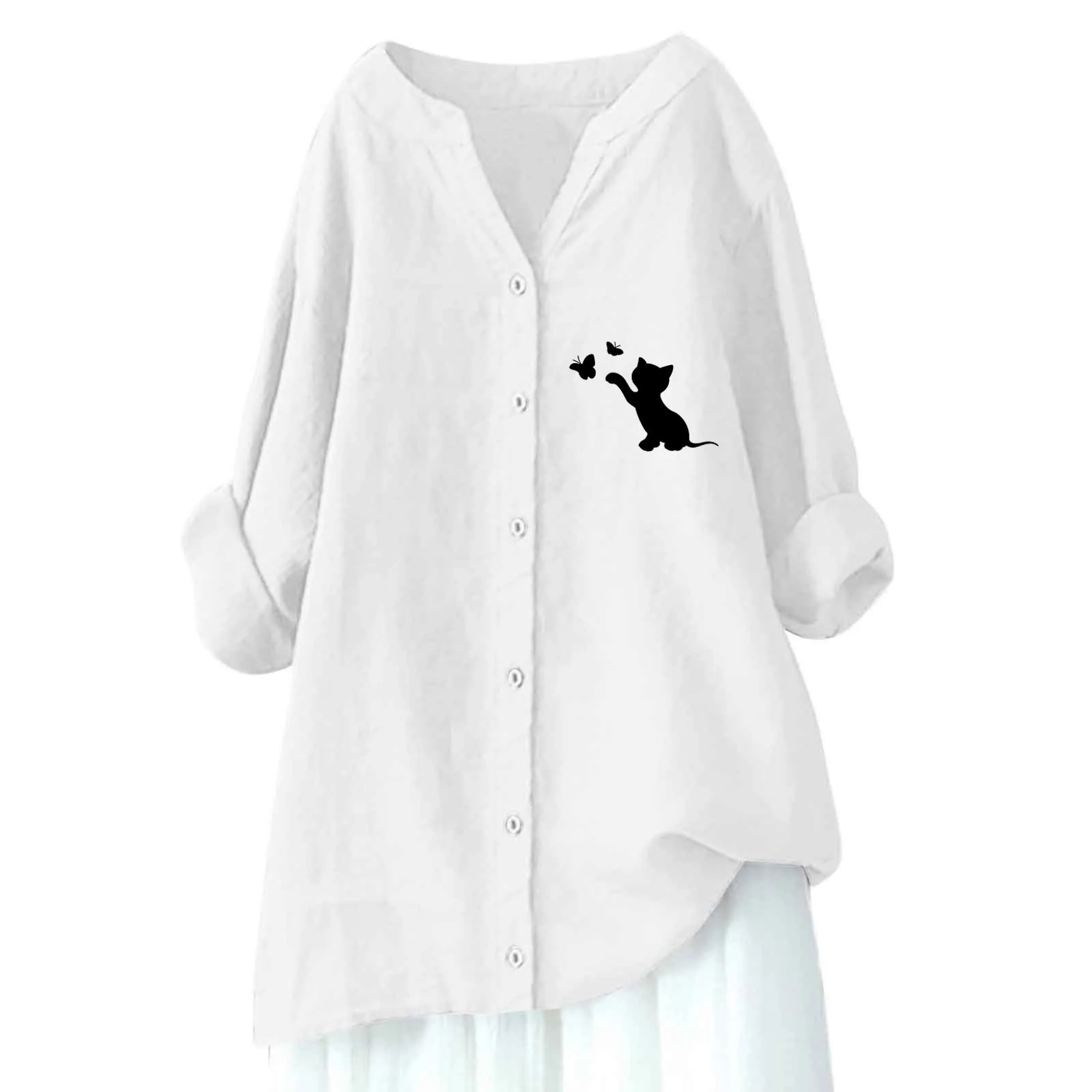 

Womens Buttons Down Blouse Tops Solid Color Cute Cat Print Blouses Casual Loose Long Sleeve Shirt 2024 Summer Streetwear