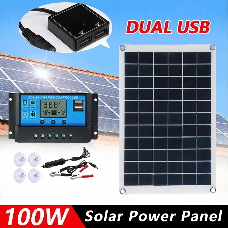 100W Solar Plate12V Wasserdichte Solar Panel Tragbare Dual 5V USB Solar Batterie Ladegerät Outdoor Camping Solar Zellen aufladen